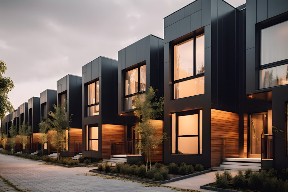 Modern modular private black townhouses. Residential architecture exterior.