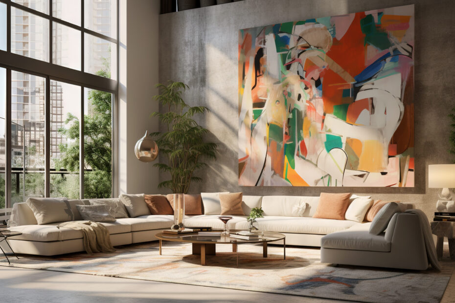 luxury highrise apartment living room apartment, abstract art