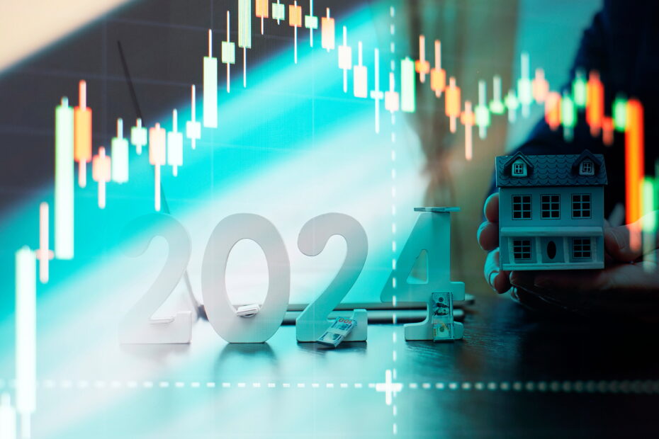 Las Vegas Real Estate Market 2024- usinessman buys real estate in 2024 using digital technology and laptop computer with price chart. Finance and trade concept 2024.